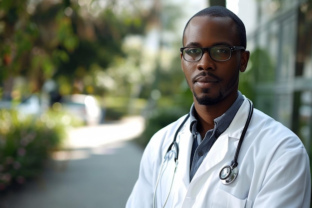 Médico afroamericano hombre en bata de laboratorio con estetoscopio al aire libre