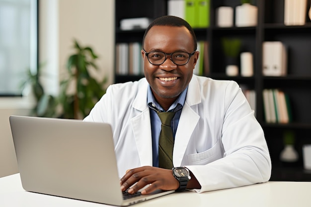 Médico afroamericano de mediana edad sentado frente al monitor de una computadora portátil en su oficina, sonriendo y mirando la cámara