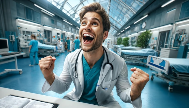 Foto un médico alegre en un hospital que irradia alegría como si acabaran de hacer un descubrimiento médico