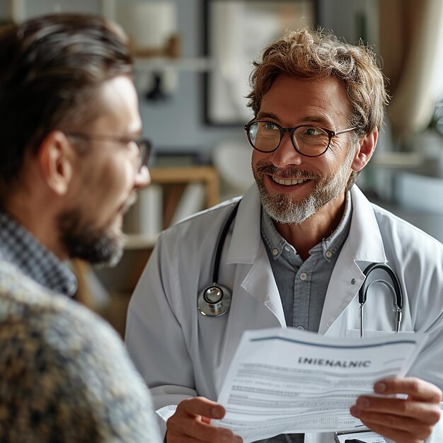 Un médico amigable presenta el formulario de reclamación de seguro con una sonrisa
