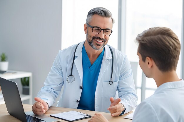 Médico amigável consulta paciente em camisa azul IA gerativa