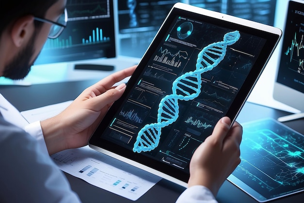 El médico de análisis genético examina el ADN con una interfaz virtual