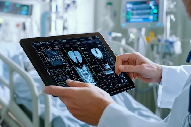 El médico analiza los datos del paciente en una tableta mientras está de pie junto a una cama de hospital