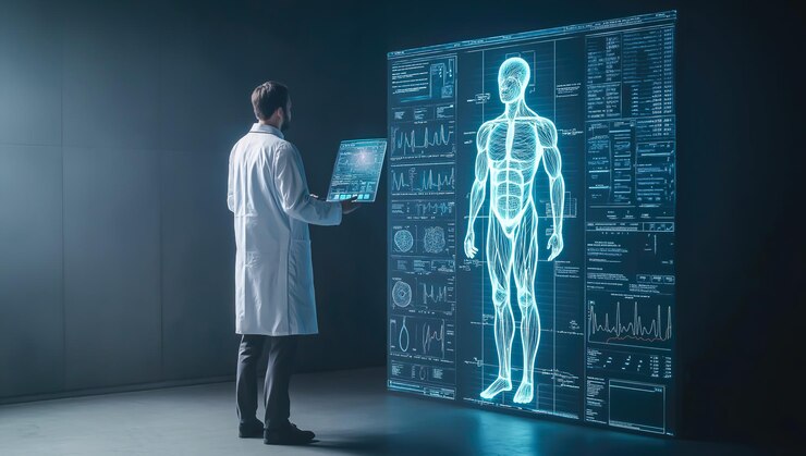 Un médico analizando una pantalla de holograma de rayos X de cuerpo entero IA generativa