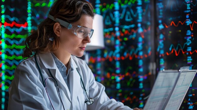 El médico analizando los resultados del EEG en la pantalla de la computadora