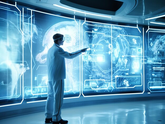 Foto un médico apuntando al concepto de pantalla de computadora futurista