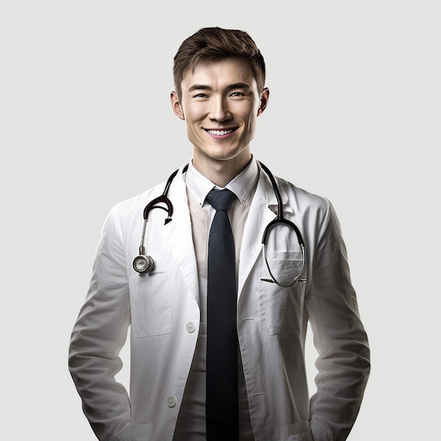 Médico asiático con una bata blanca de laboratorio con un estetoscopio en el cuello Foto