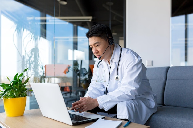 El médico asiático consulta a un paciente en línea por videollamada, el hombre usa una computadora portátil y auriculares