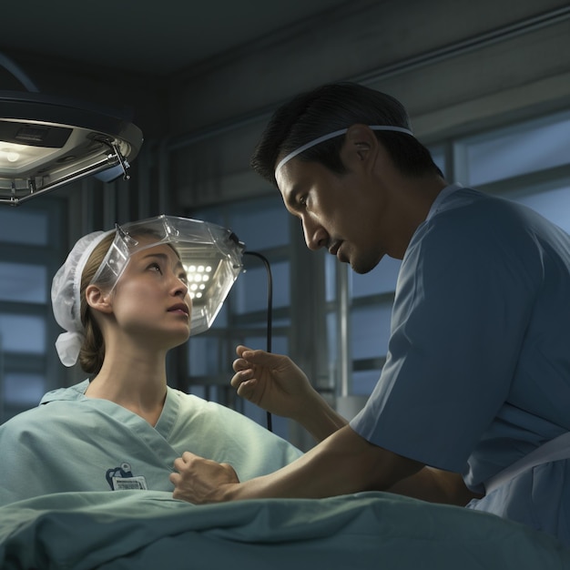Médico asiático e paciente em hospital futurista