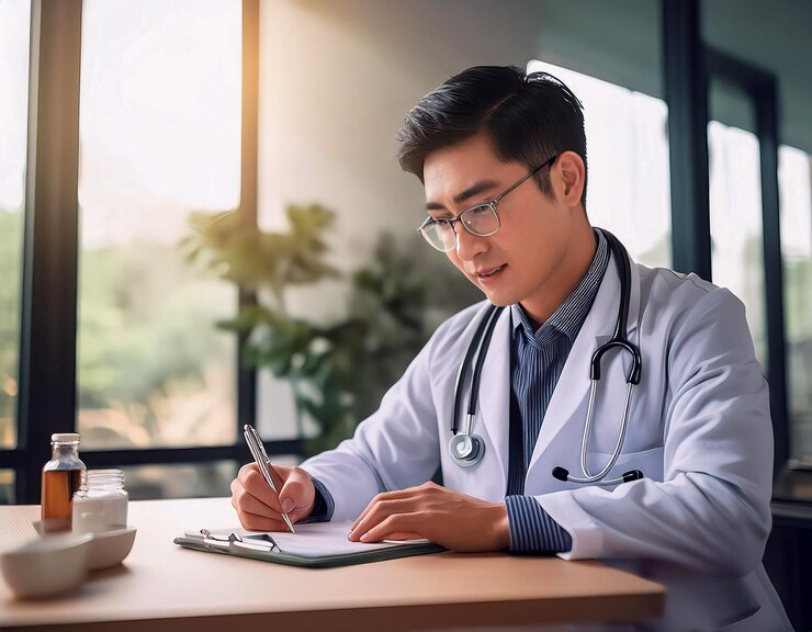 Médico asiático escribiendo notas en un escritorio en una clínica