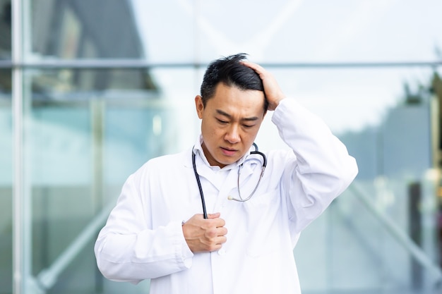 El médico asiático está cansado después del trabajo, deprimido y decepcionado con el trabajo realizado en la calle cerca de la clínica.