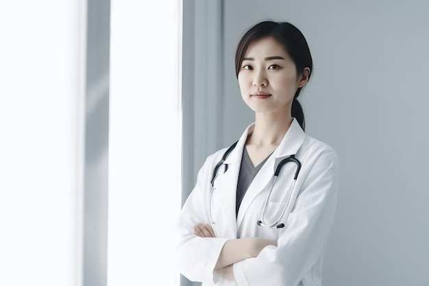 médico asiático femenino en uniforme médico con estetoscopio