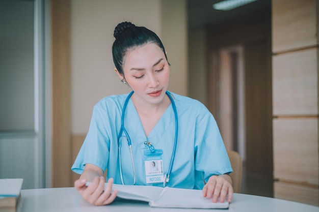 Médico asiático mulher médica médica em clínica ou hospital