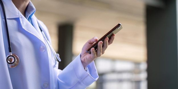 Médico asiático usando smartphone no corredor do hospital