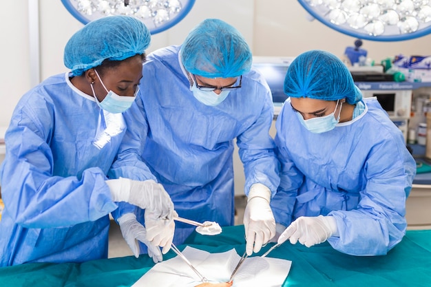 Médico y asistente de enfermería que operan para ayudar al paciente de un caso de emergencia peligroso. Instrumentos quirúrgicos en la mesa estéril en la sala de operaciones de emergencia en el hospital. Atención médica y de salud