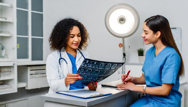 El médico y la asistente están diagnosticando los resultados de la resonancia magnética del paciente.