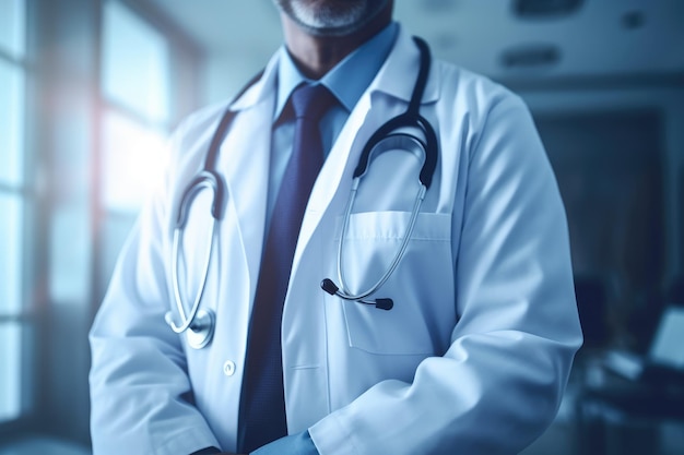 Un médico con bata blanca y estetoscopio se para en una habitación de hospital