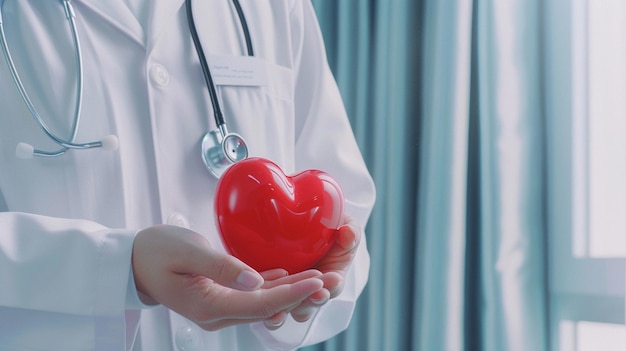 Un médico con una bata blanca de laboratorio está sosteniendo un objeto en forma de corazón símbolo de amor generativo ai