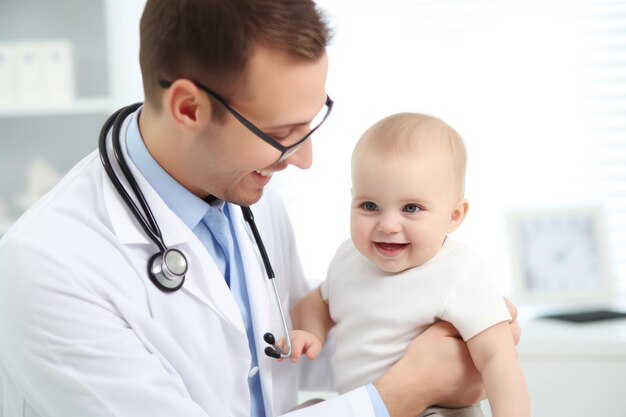 Foto médico bebé feliz clínica médico atención médica generar ai