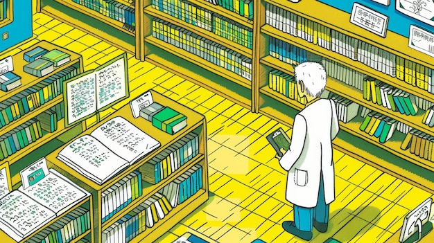 Un médico en una biblioteca caótica aleatoria de antiguos textos médicos en busca de curas olvidadas