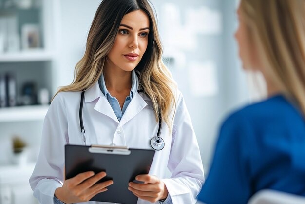 médico en el bloc de notas mostrando a un paciente