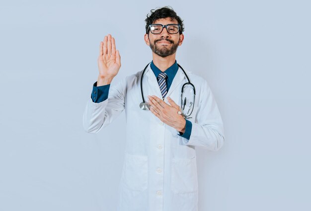 Foto médico bonito fazendo juramento e promessa isolada doutor levantando a mão e jurando