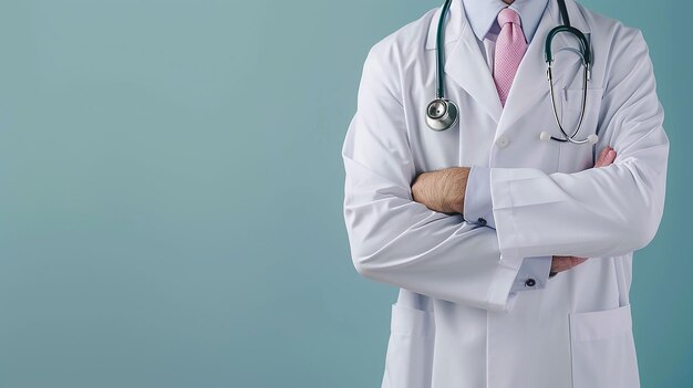 un médico con los brazos cruzados y con una bata de laboratorio blanca