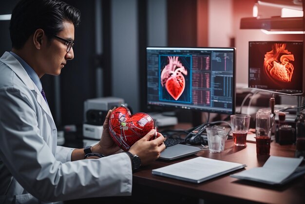 Médico cardiólogo diagnostica y examina el corazón virtual del paciente con software de inteligencia