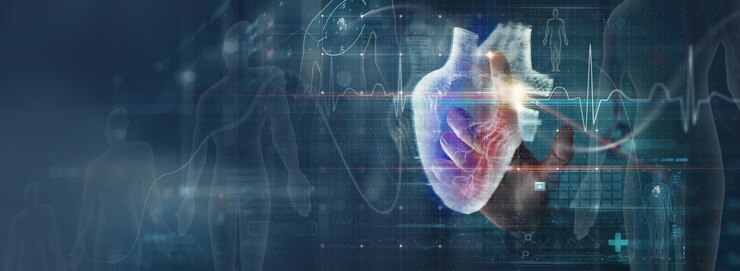 Médico cardiólogo diagnostica las funciones cardíacas del paciente y los vasos sanguíneos en el tablero virtual