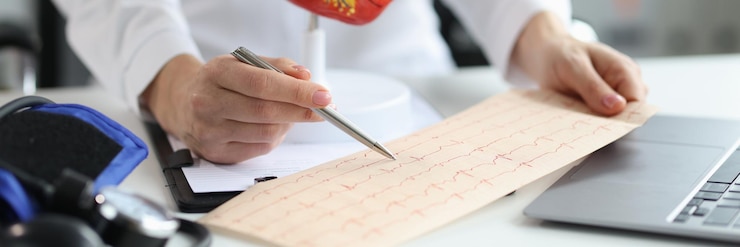 Foto el médico cardiólogo examina el electrocardiograma del corazón del paciente en cardiología