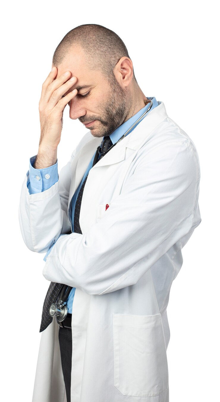 Foto médico caucasiano com expressão triste e deprimida