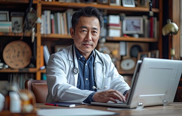Foto médico chinês na mesa consultoria profissional de saúde com tecnologia moderna