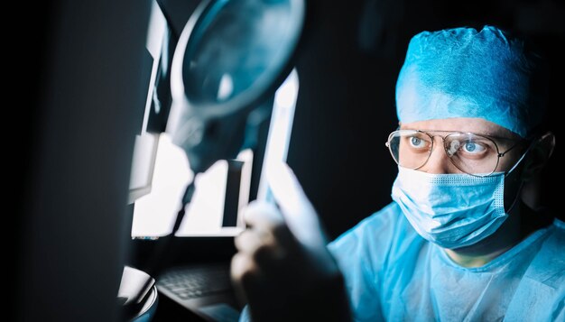 Foto médico científico en el laboratorio examina las muestras del virus de desarrollo de vacunas in vitro c