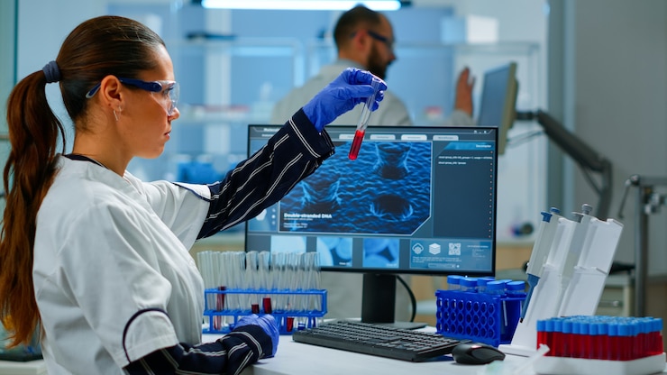 Foto médico científico mirando una muestra de sangre y escribiendo en la computadora mientras un compañero de trabajo abre la puerta usando una computadora digital con escaneo táctil. mujer examinando la evolución del virus utilizando herramientas de alta tecnología y química