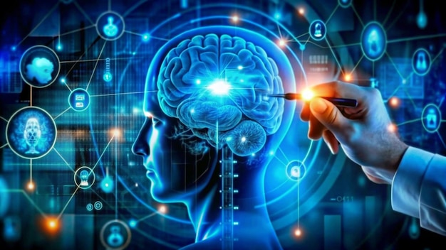 Médico cirujano Comprobación del resultado de la prueba del paciente cerebral con el concepto de medicina holográfica digital