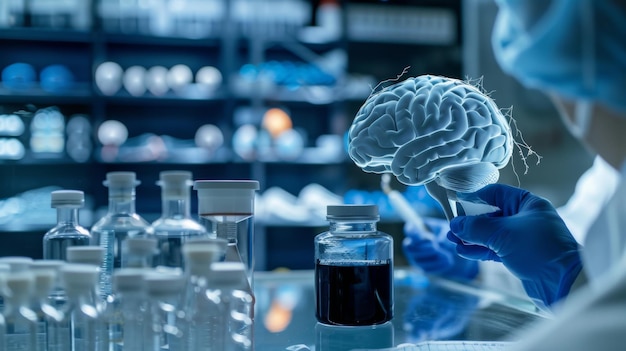 Médico cirujano y neurólogo comprobando el resultado de las pruebas cerebrales y el diagnóstico médico y examinando el cerebro del paciente con ciencia y tecnología