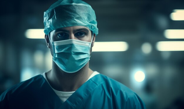 Foto médico cirujano practicante masculino con una máscara médica en el retrato de la foto de la cabeza del hospital ia generativa