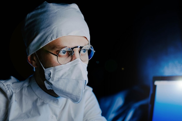 médico cirujano con uniforme blanco en un quirófano oscuro mira la cámara