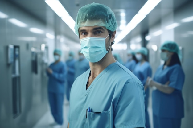 Médico cirurgião masculino usando máscara médica em retrato de tiro na cabeça do hospital Generative AI