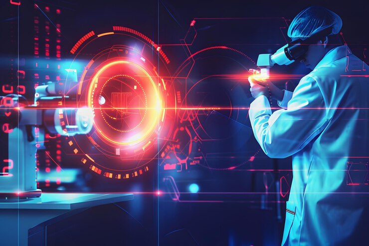 Médico en una clínica óptica con equipo de oftalmoscopio futurista realizando una prueba ocular