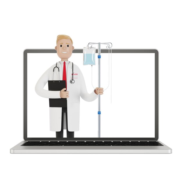 Médico com conta-gotas na tela do laptop. Toxicologia, intoxicação, descontaminação. médico da Internet. Ilustração 3D em estilo cartoon.