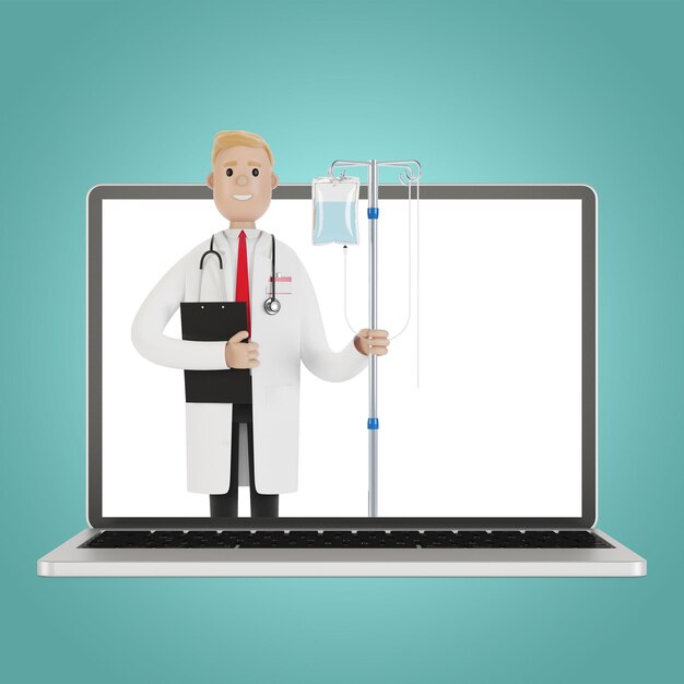 Médico com conta-gotas na tela do laptop. Toxicologia, intoxicação, descontaminação. médico da Internet. Ilustração 3D em estilo cartoon.