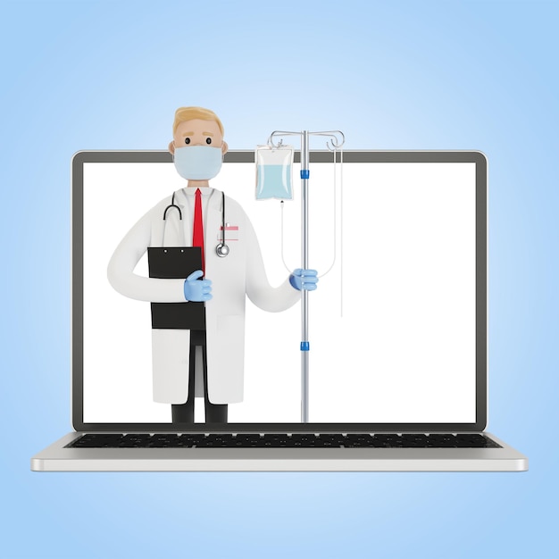 Médico com conta-gotas na tela do laptop. Toxicologia, intoxicação, descontaminação. médico da Internet. Ilustração 3D em estilo cartoon.