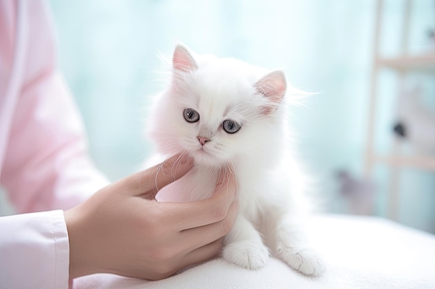 Médico com gatinho branco na clínica veterinária
