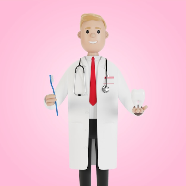 Médico com uma escova de dentes e um dente nas mãos Tratamento dentário e higiene oral ilustração 3D em estilo cartoon