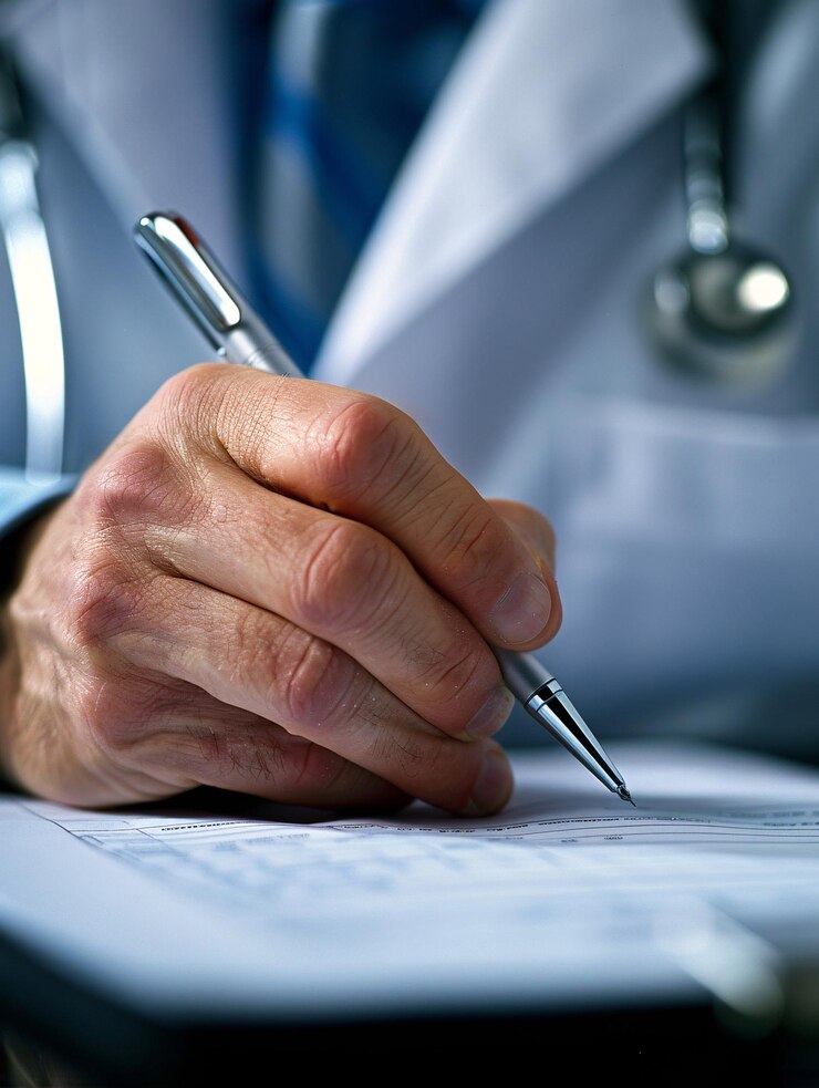 Foto médico completando as instruções de medicação com um tiro focado