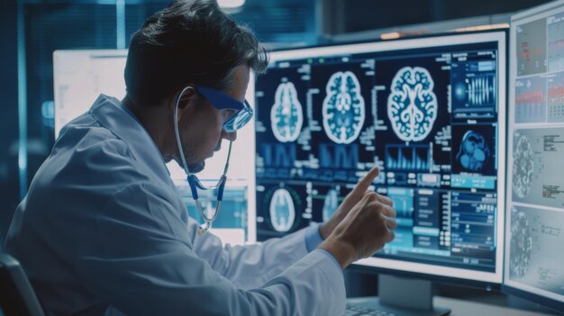 Foto médico comprobando el resultado de una prueba cerebral con una interfaz de computadora resumen tecnología innovadora en ciencia y medicina concepto