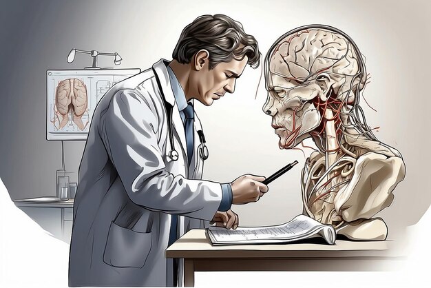 Foto el médico comprueba el resultado de la prueba cerebral con la interfaz de computadora concepto de ciencia y medicina