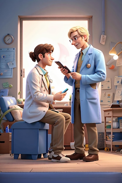 El médico se comunica con el paciente a través de una ilustración de personaje 3d de teléfono celular