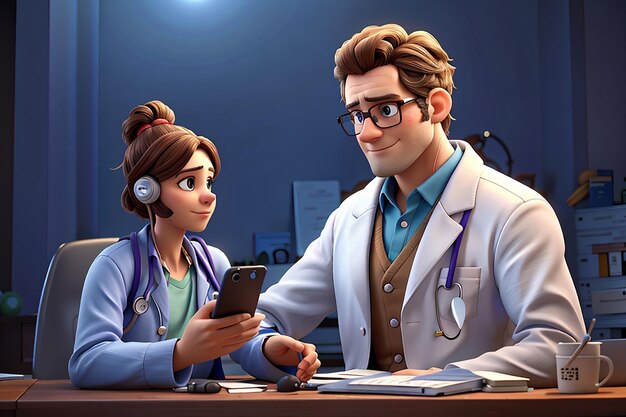 El médico se comunica con el paciente a través de una ilustración de personaje 3d de teléfono celular